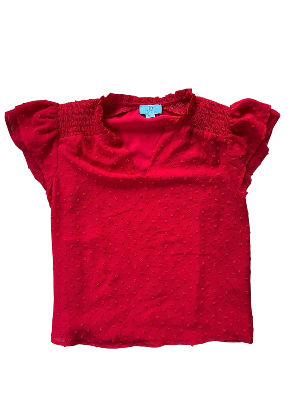 CeCe Red Dot-Texture Flutter Sleeve Blouse